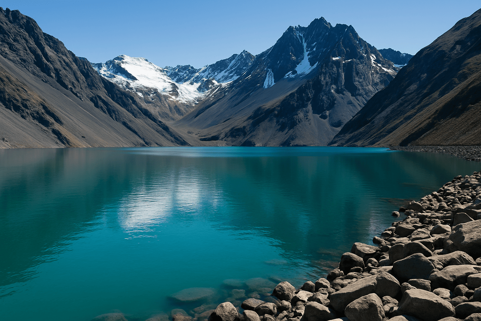 Paisaje natural del Cajón del Maipo en Chile con montañas nevadas, río cristalino y senderos ideales para escapadas de fin de semana cerca de Santiago.